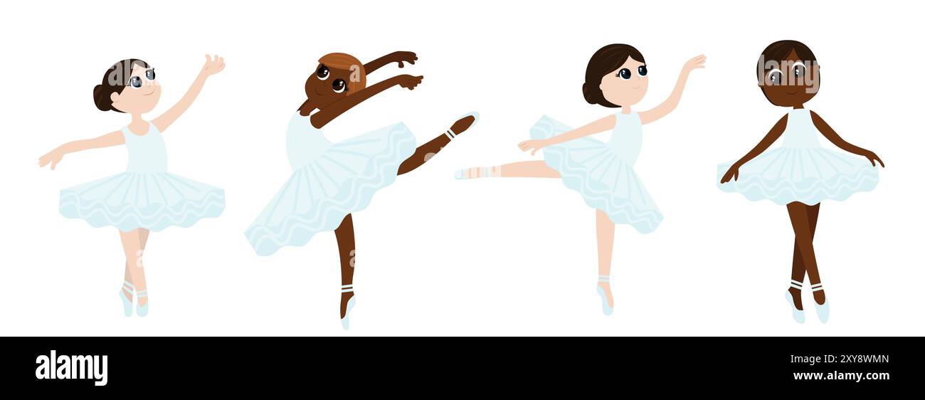 Ensemble d'une danseuse de ballerine en tutus et chaussures pointe. Les enfants de la fille imitent les mouvements de ballet et ont l'air heureux. Illustration pour écoles de danse, illu Illustration de Vecteur