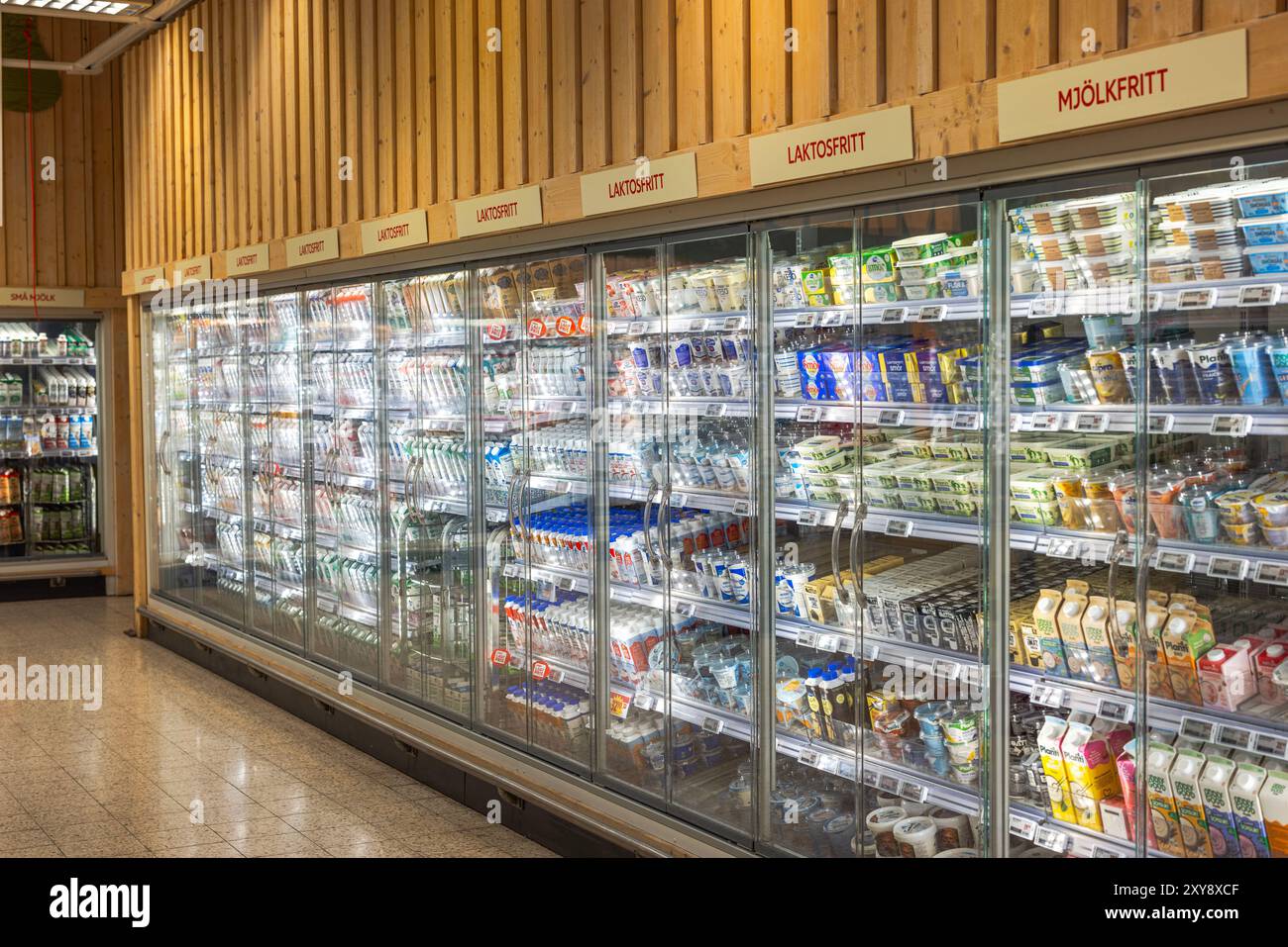 Vue de la section des produits laitiers dans le supermarché avec des affichages réfrigérés présentant divers produits laitiers à travers le verre. Banque D'Images