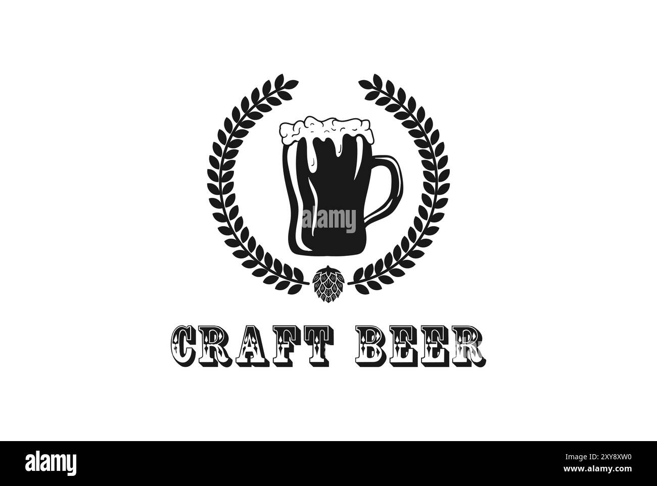 Tasse en verre de bière vintage avec feuille de Laurel et Hop pour Craft ou Festival logo Design Illustration de Vecteur