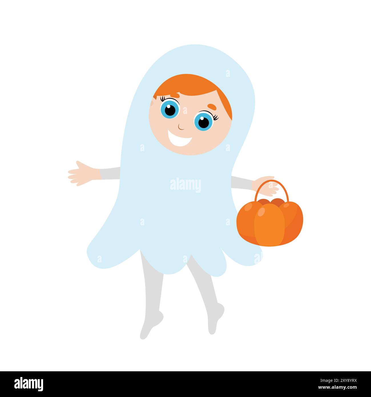 Une fille en costume fantôme avec un panier dans les mains. Conception de personnage d'Halloween dans le style de bande dessinée isolé sur fond blanc. Illustration de Vecteur