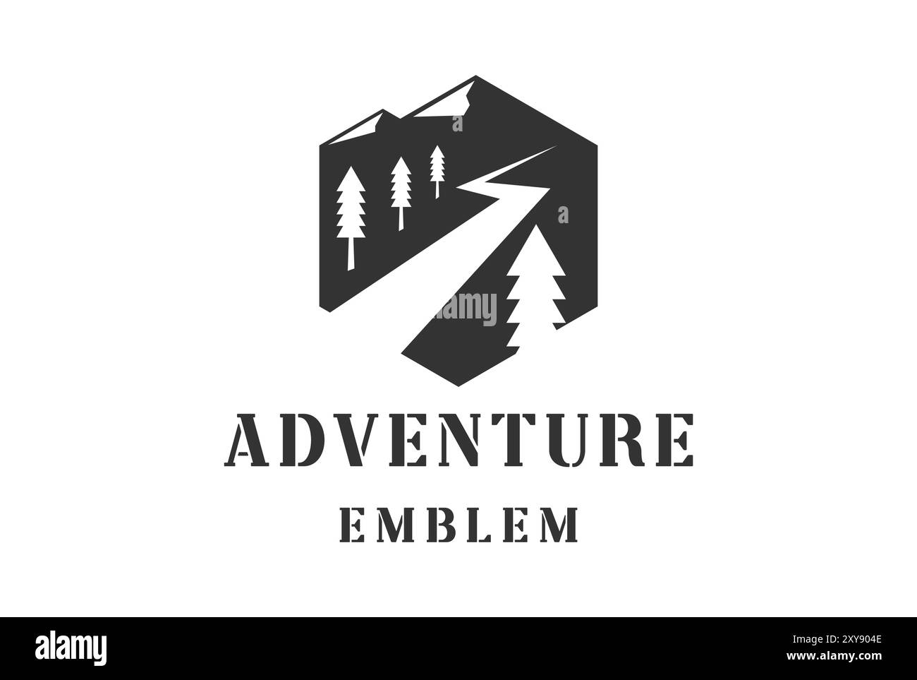 Vintage rétro hexagonal Mountain Pine Forest River Creek ou Winding Street Road badge emblème pour la conception du logo d'aventure en plein air Illustration de Vecteur