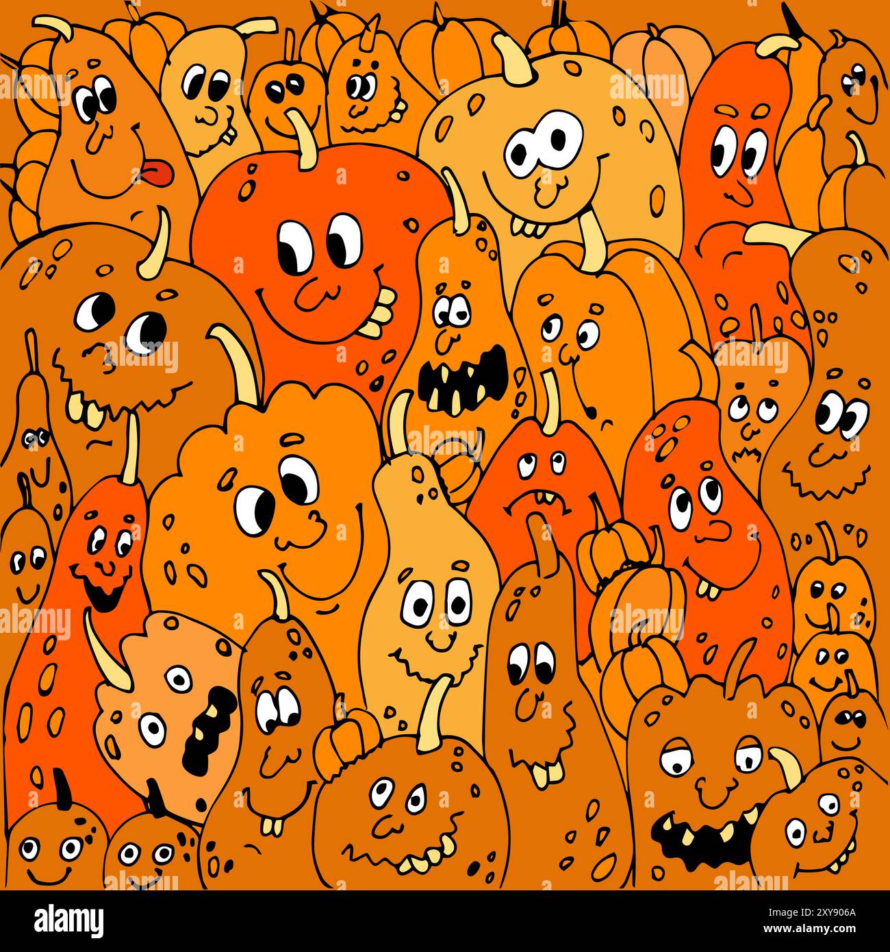 Collage vectoriel de citrouille d'Halloween. Personnages avec des visages, des yeux, des bouches et des dents et dans différentes humeurs et formes. Une image amusante pour votre style de gribouillage. Illustration de Vecteur