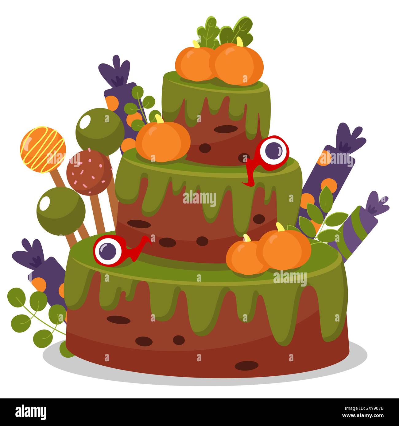 Gâteau d'Halloween trois niveaux dans le style de bande dessinée isolé sur fond blanc. Illustration vectorielle pour la conception de la fête d'Halloween, des vacances, du dessert et du bak Illustration de Vecteur