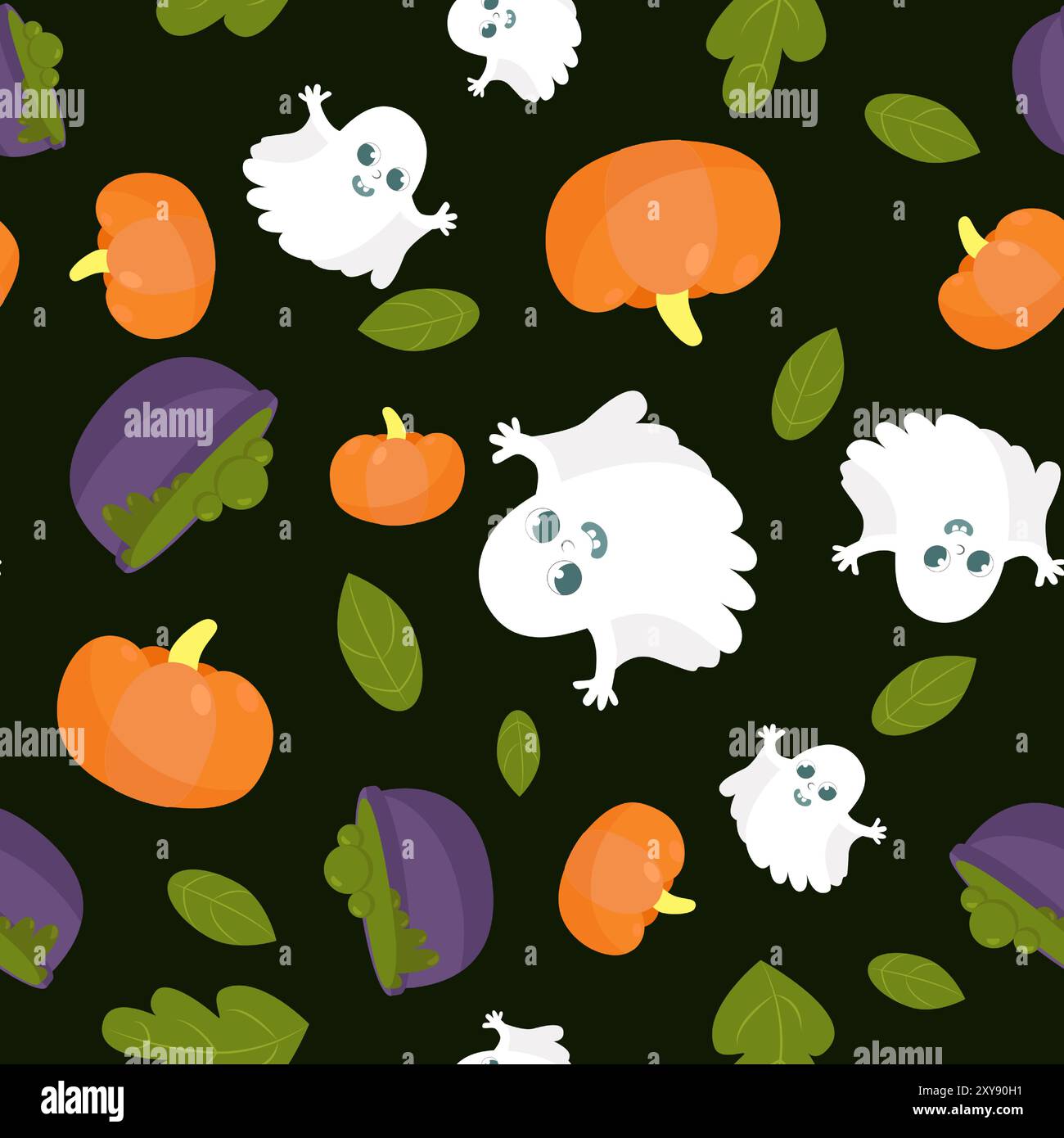 Feuilles de motif sans couture, fantôme blanc mignon, potion et citrouilles. Modèle d'Halloween dans le style de bande dessinée. Modèle pour textiles, emballages, papiers peints. Illustration de Vecteur