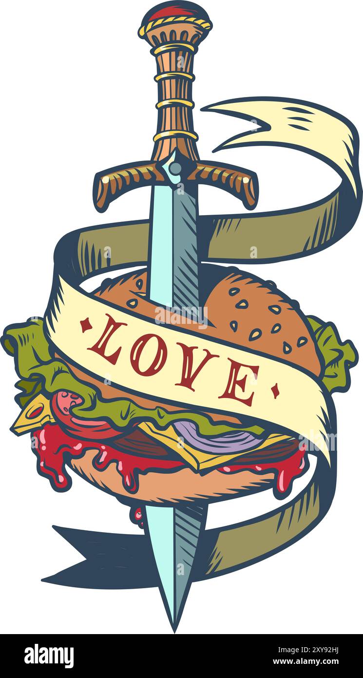 Une épée perce un hamburger avec l'inscription Love. Livraison rapide de restauration rapide pour tous les clients. Lutter contre l'obésité et les aliments riches en calories. Bande dessinée Illustration de Vecteur