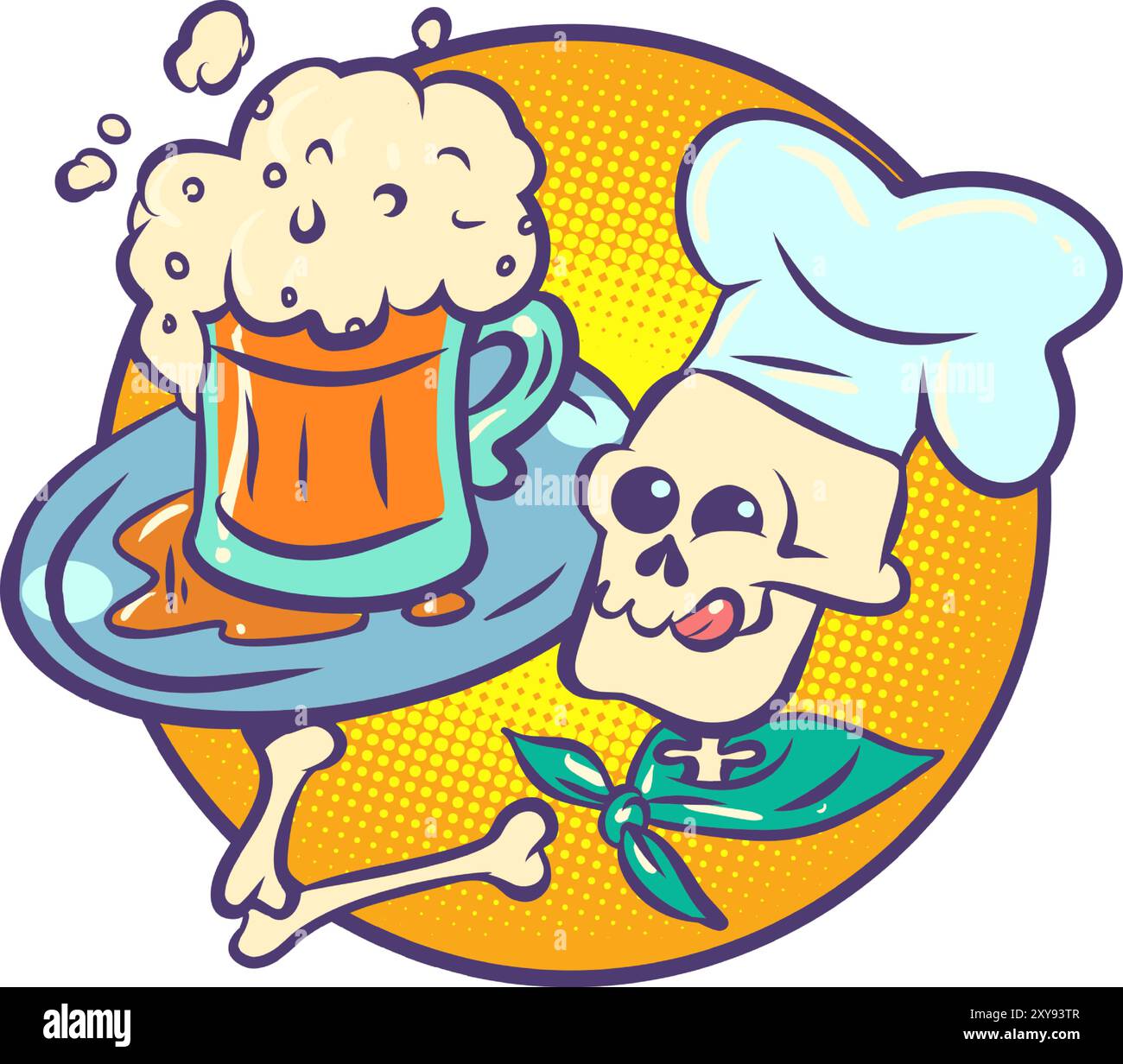 Cuisinier squelette tenant de la bière mousseuse. Fête mexicaine jour des morts et mascotte du restaurant. Publicité pour un bar ou un restaurant. Illustration de Vecteur