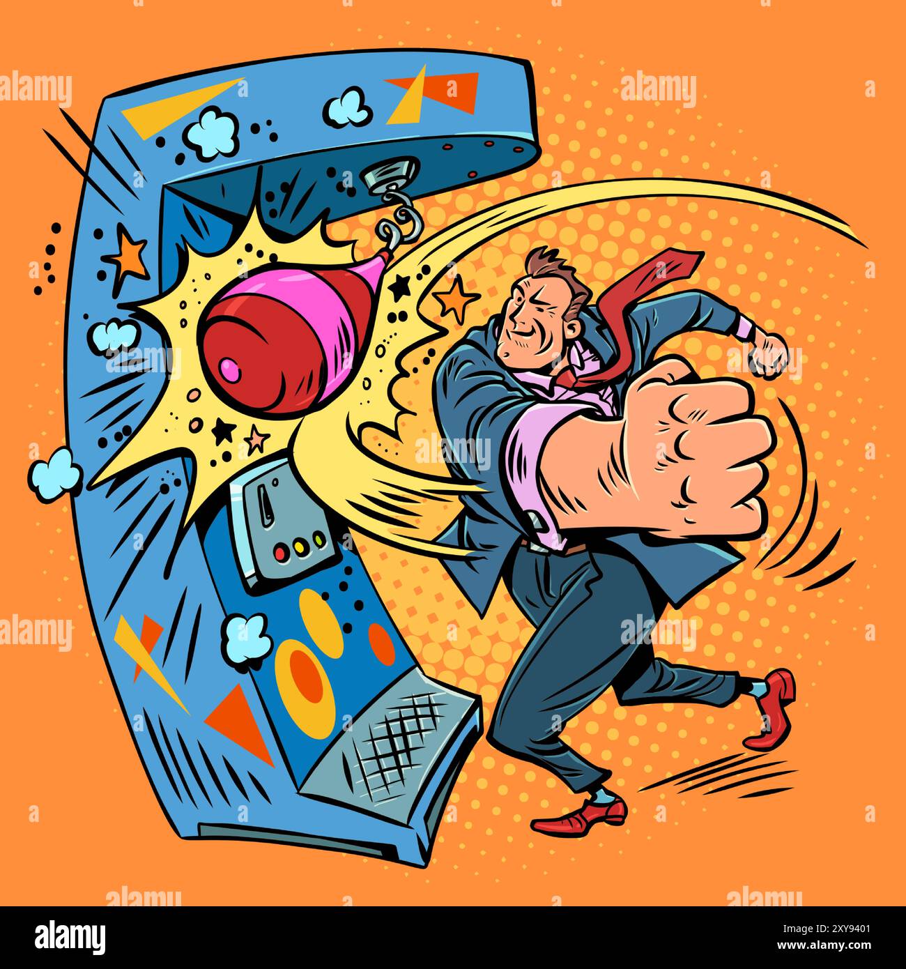 Un homme en costume frappe une machine à sous avec une poire. Abattre vos concurrents. Un grand coup porté à votre entreprise. Illustration de Vecteur