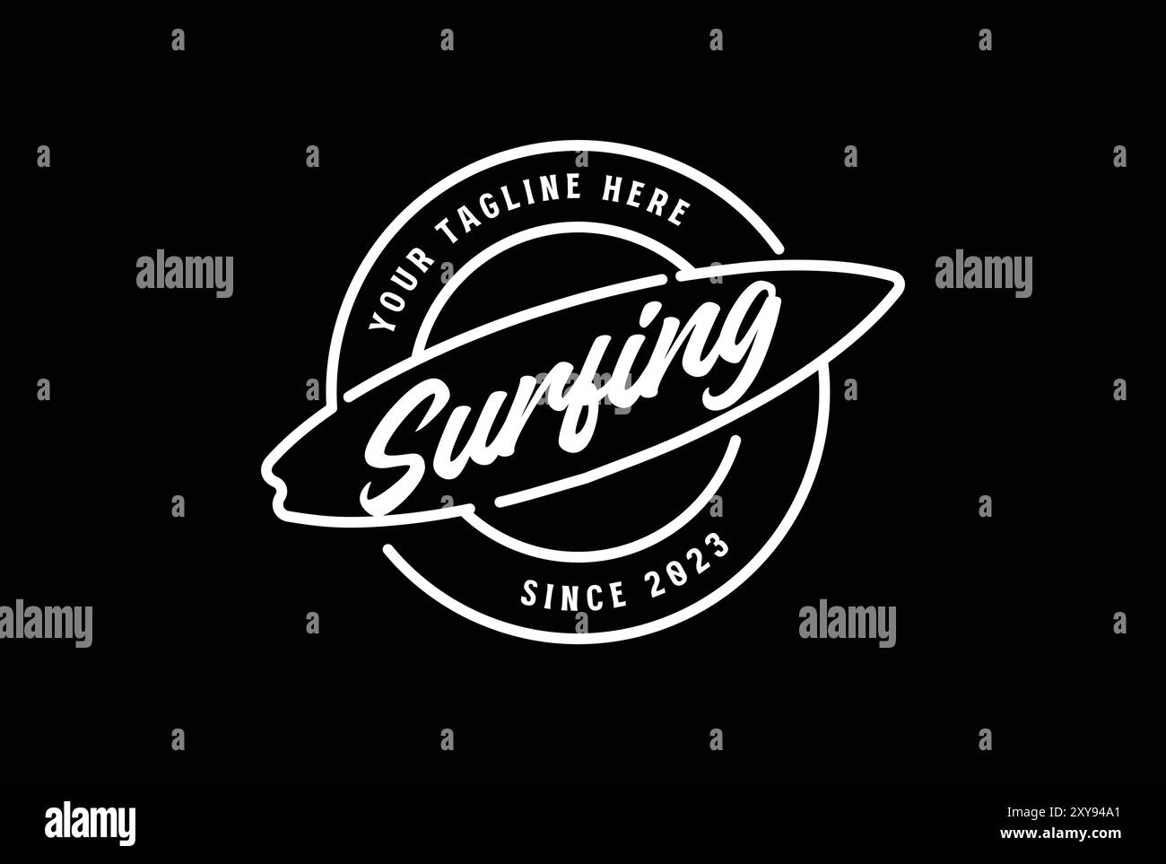 Line Art Surfboard Mountain Beach for Surf Surfer Surfing Hipster Stamp Label logo inspiration design Illustration de Vecteur