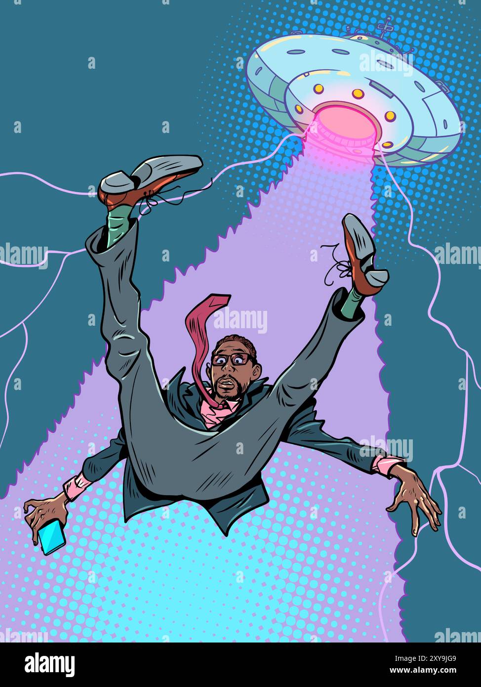 Un employé de bureau est frappé par une soucoupe volante. Invasion extraterrestre de la terre. Exploration de la vie extraterrestre dans l'espace. Illustration vectorielle rétro pop Art Illustration de Vecteur