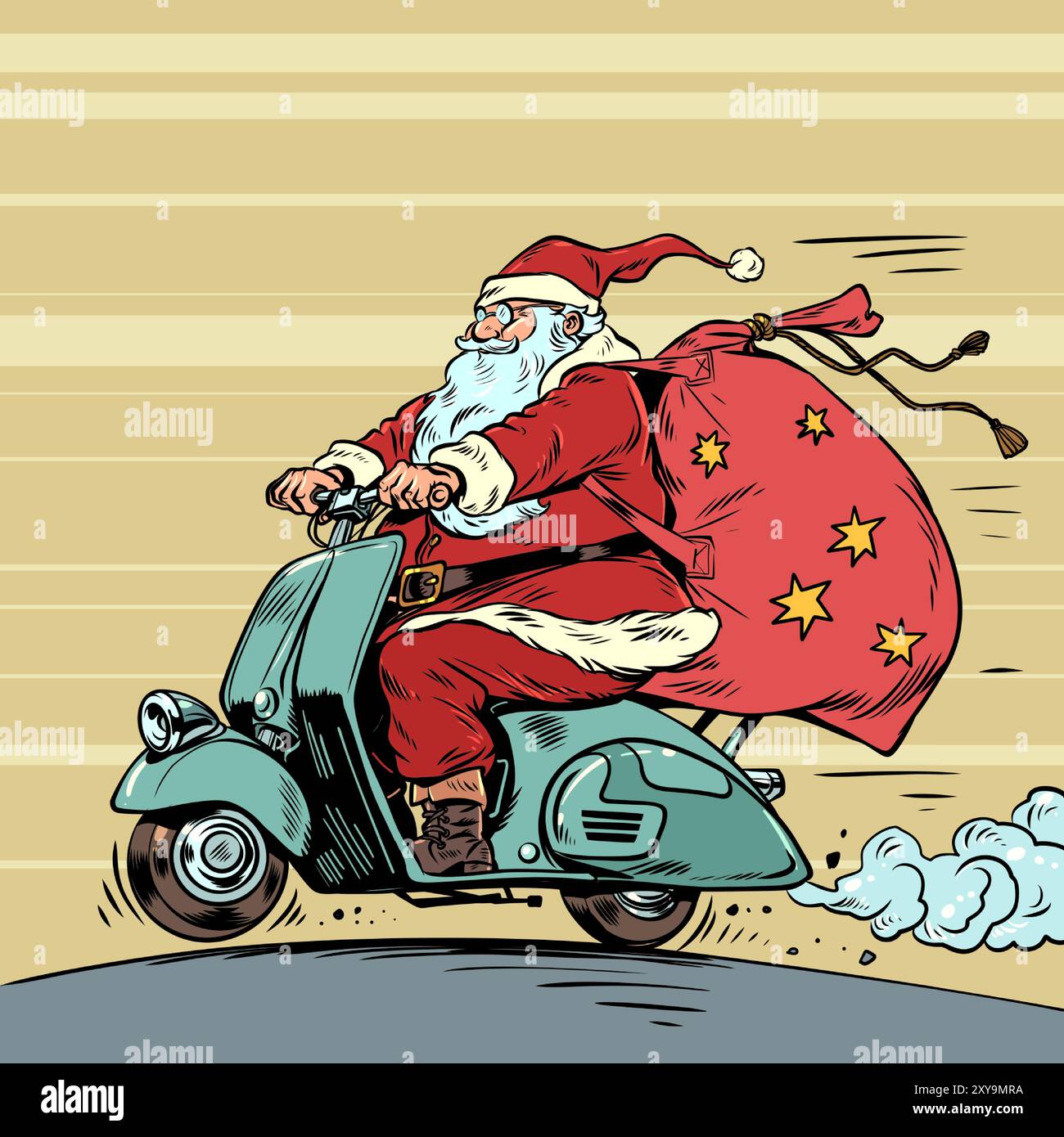 Noël approche sur deux roues. Le Père noël roule en cyclomoteur avec un sac de cadeaux. Fêtes à venir et ventes saisonnières avec elle. Pop Art R Illustration de Vecteur