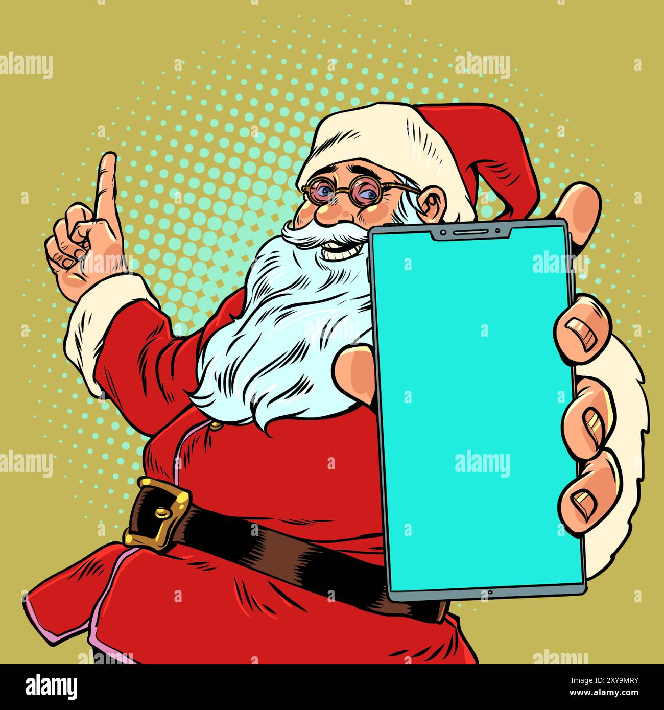 Internet de Noël la veille du nouvel an. Une offre unique pour les clients utilisant le service. Le Père Noël tient un téléphone avec un écran vide. Pop Art rétro Illustration de Vecteur