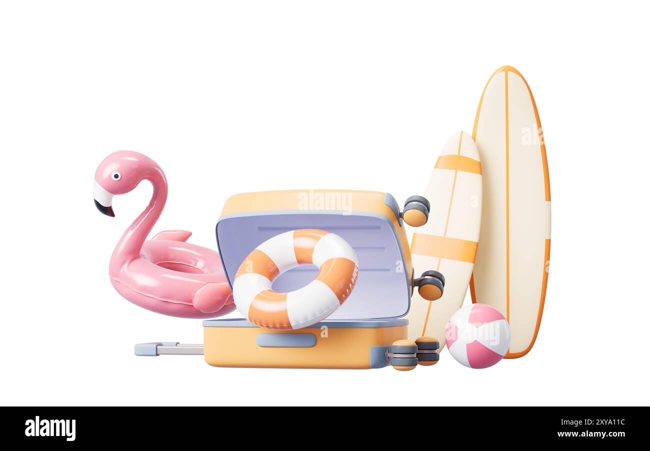 Bagages de voyage avec style de dessin animé, rendu 3D. Illustration 3D. Banque D'Images