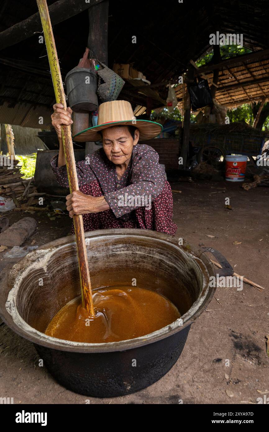 Un agriculteur fabriquant du sucre de palme à partir du nectar des fleurs, Kampong Chhnang, Cambodge Banque D'Images