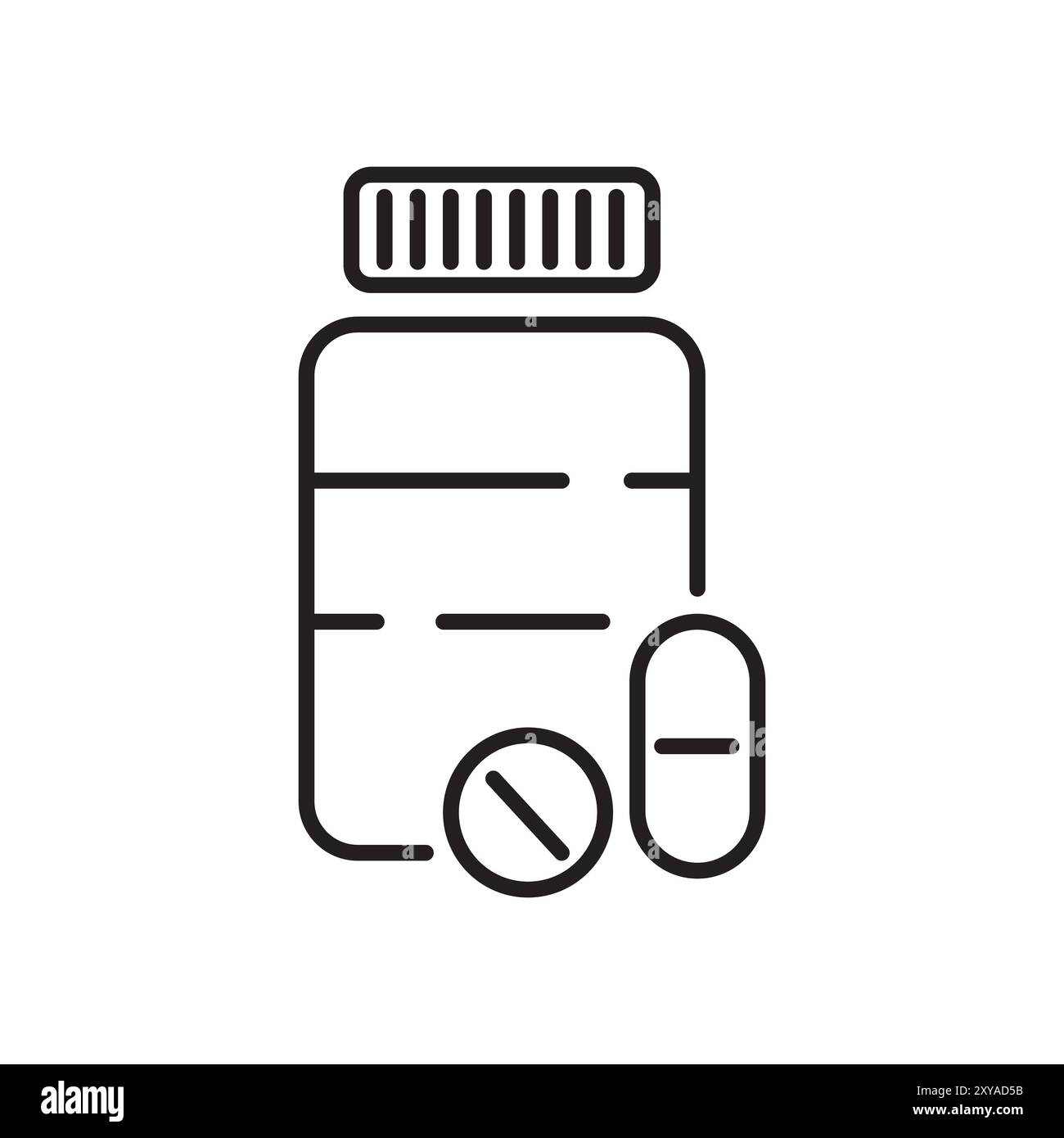 Bouteille de médicament avec icône pilules. Contour noir simple. Illustration de capsule et de tablette. Conception vectorielle minimale. Illustration de Vecteur
