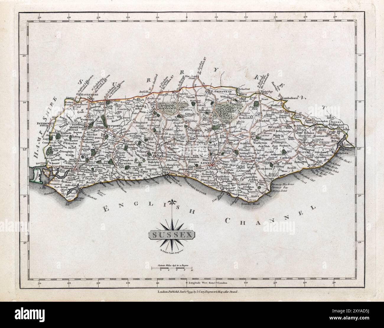 Une carte vintage du XVIIIe siècle représente le comté anglais de Sussex England UK, et ses régions environnantes, détaillant les villes, les routes et les caractéristiques géographiques. Banque D'Images