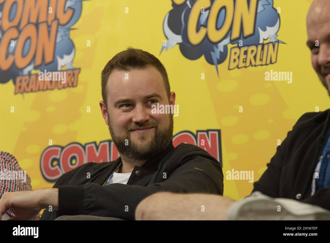 FRANCFORT, ALLEMAGNE, 6 MAI 2018 : Manuel Straube (*1984, doubleur, voix allemande de Martin Freeman, Stewie Griffin, Jason Earles) chez German Comic Co Banque D'Images
