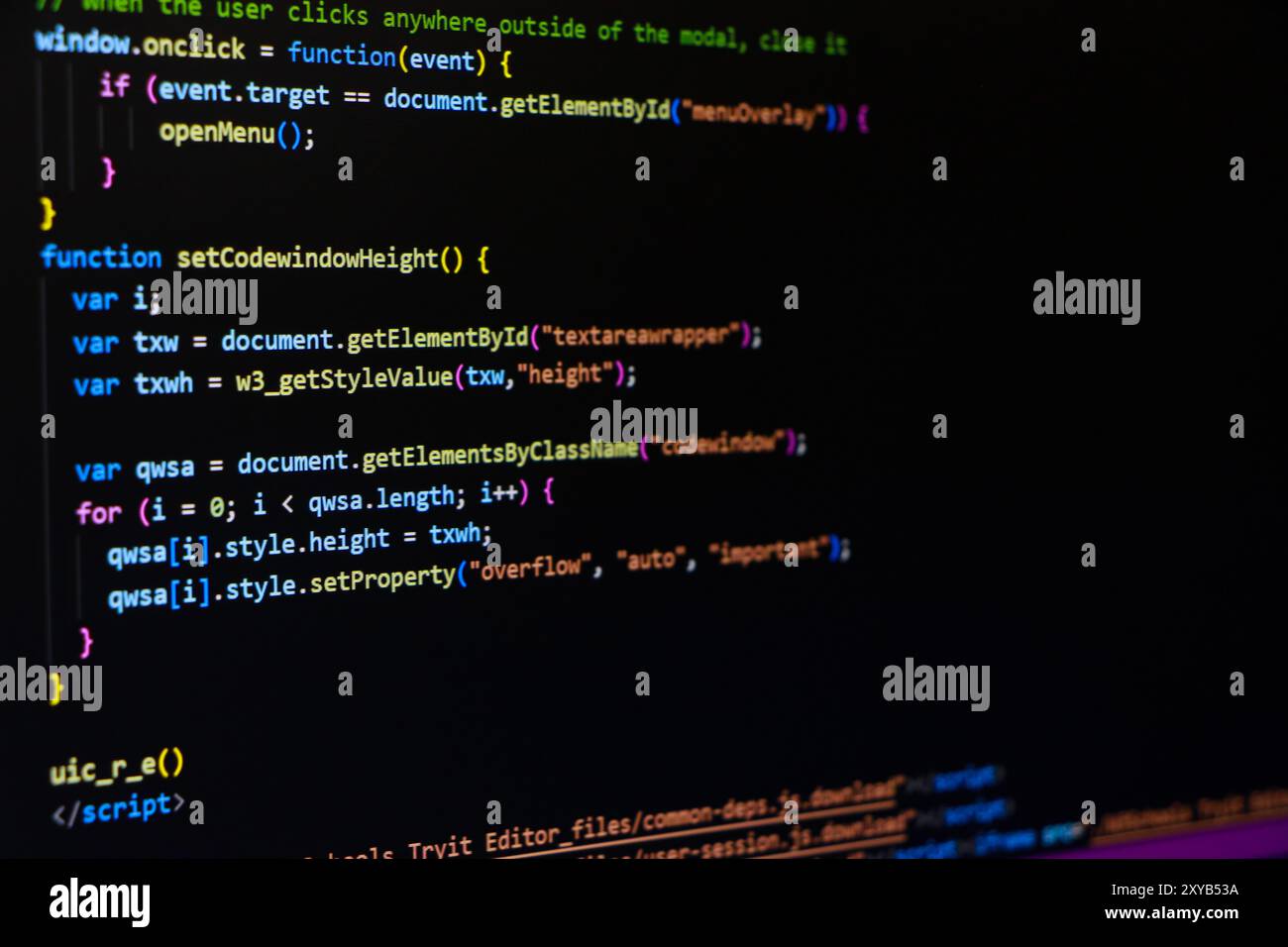 Écran de résumé du code de programmation du développeur de logiciel. Script d'ordinateur Banque D'Images