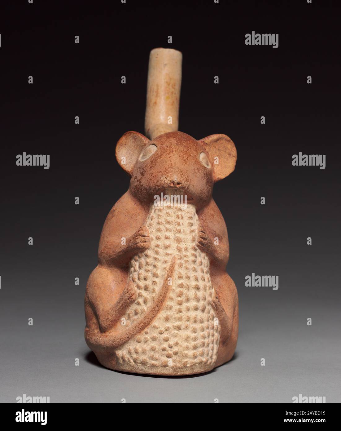 Figurine en poterie d'un rongeur mangeant du maïs, Pérou, Amérique du Sud, 50–800 EC Banque D'Images