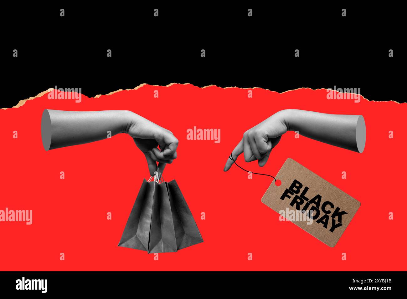 Une paire de mains tenant un sac à provisions avec une étiquette Black Friday dessus. L'image est une représentation créative de la saison des achats des fêtes. Collage a Banque D'Images