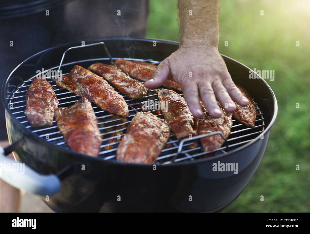 Filets de poissons sur le grill avec des flammes en orientation horizontale Banque D'Images