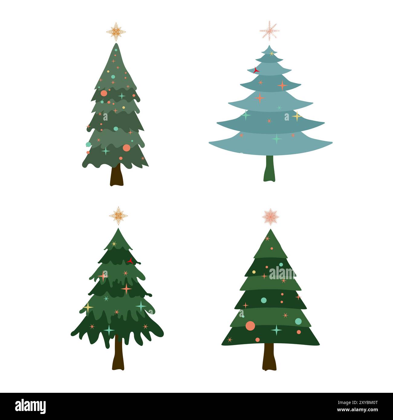 Collection de quatre arbres de Noël dans différents styles. Illustration vectorielle d'arbres de Noël verts Illustration de Vecteur