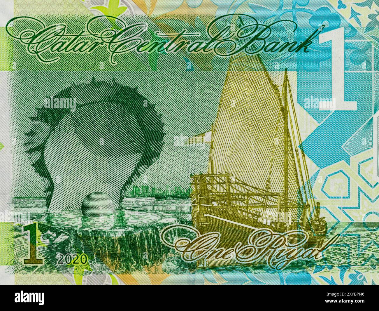 Portrait d'un boutre traditionnel (Bateel) et du monument aux huîtres et aux perles pris sur le billet de monnaie de Qatar 1 riyal Banque D'Images