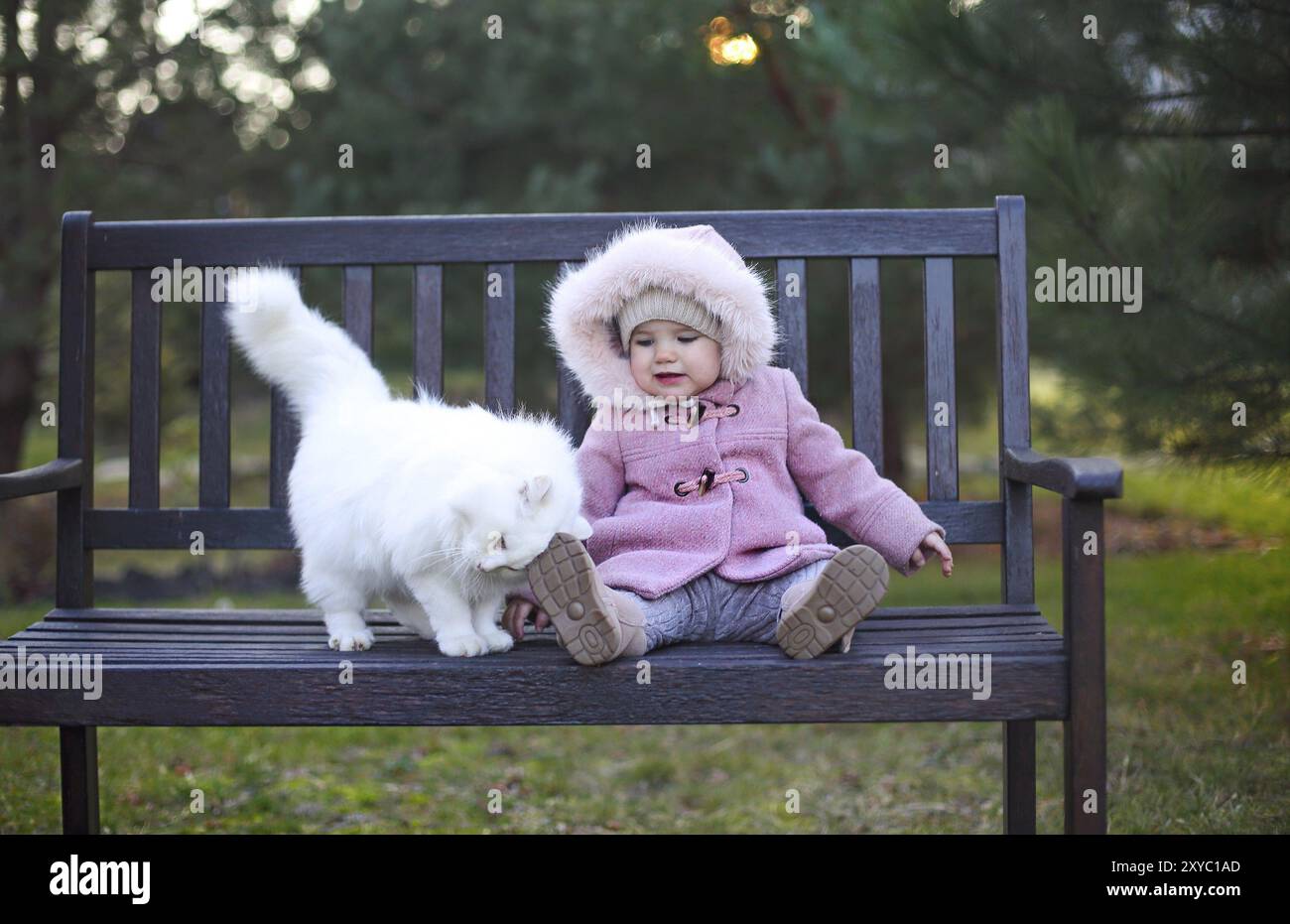 Cute Little baby girl wearing automne tenue et le chat blanc, assis sur le banc du parc en automne Banque D'Images