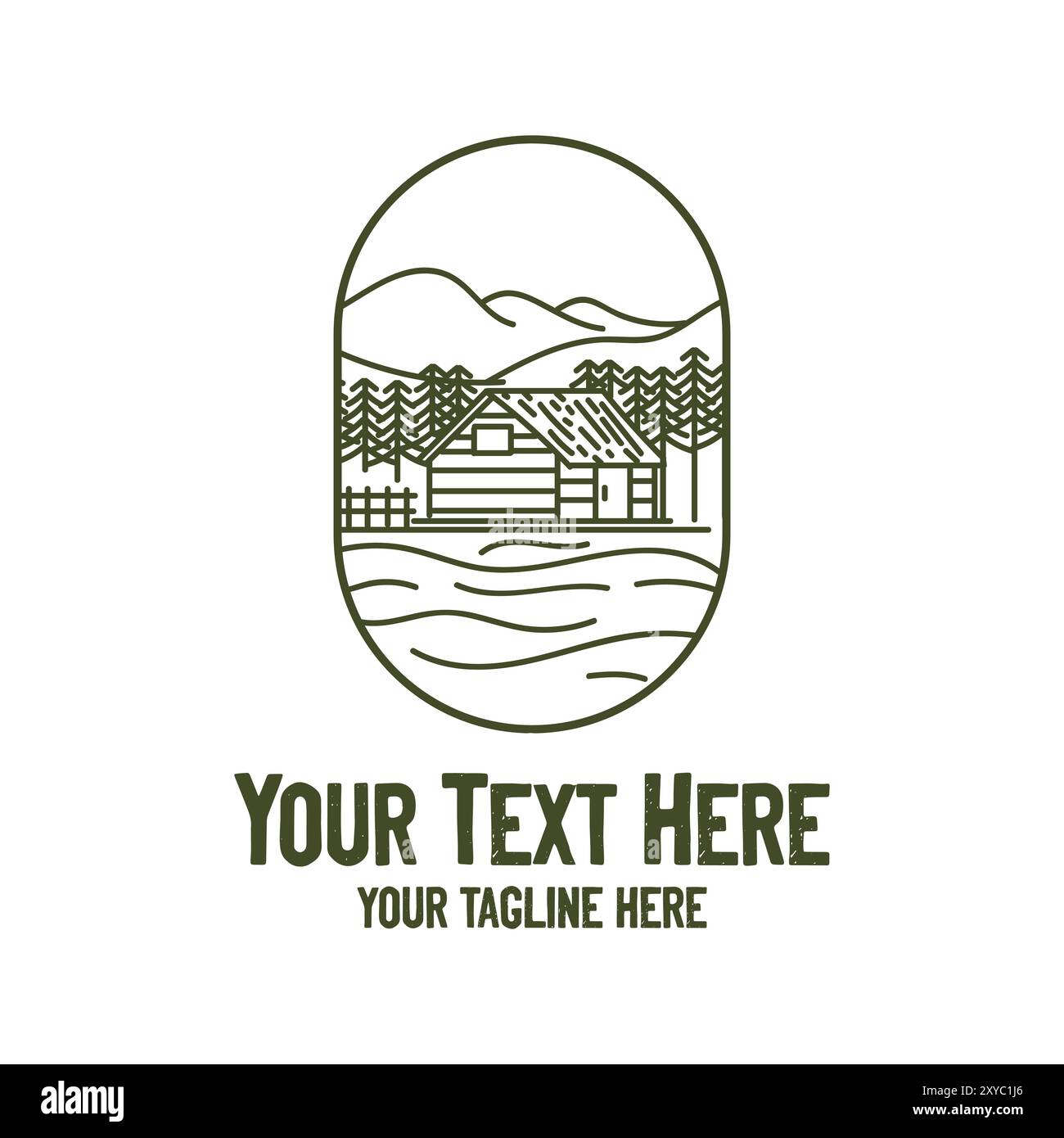 Hipster Mountain Cabin Cottage Chalet avec Pine Conifer Evergreen Spruce Fir Larch Forest logo Illustration de Vecteur