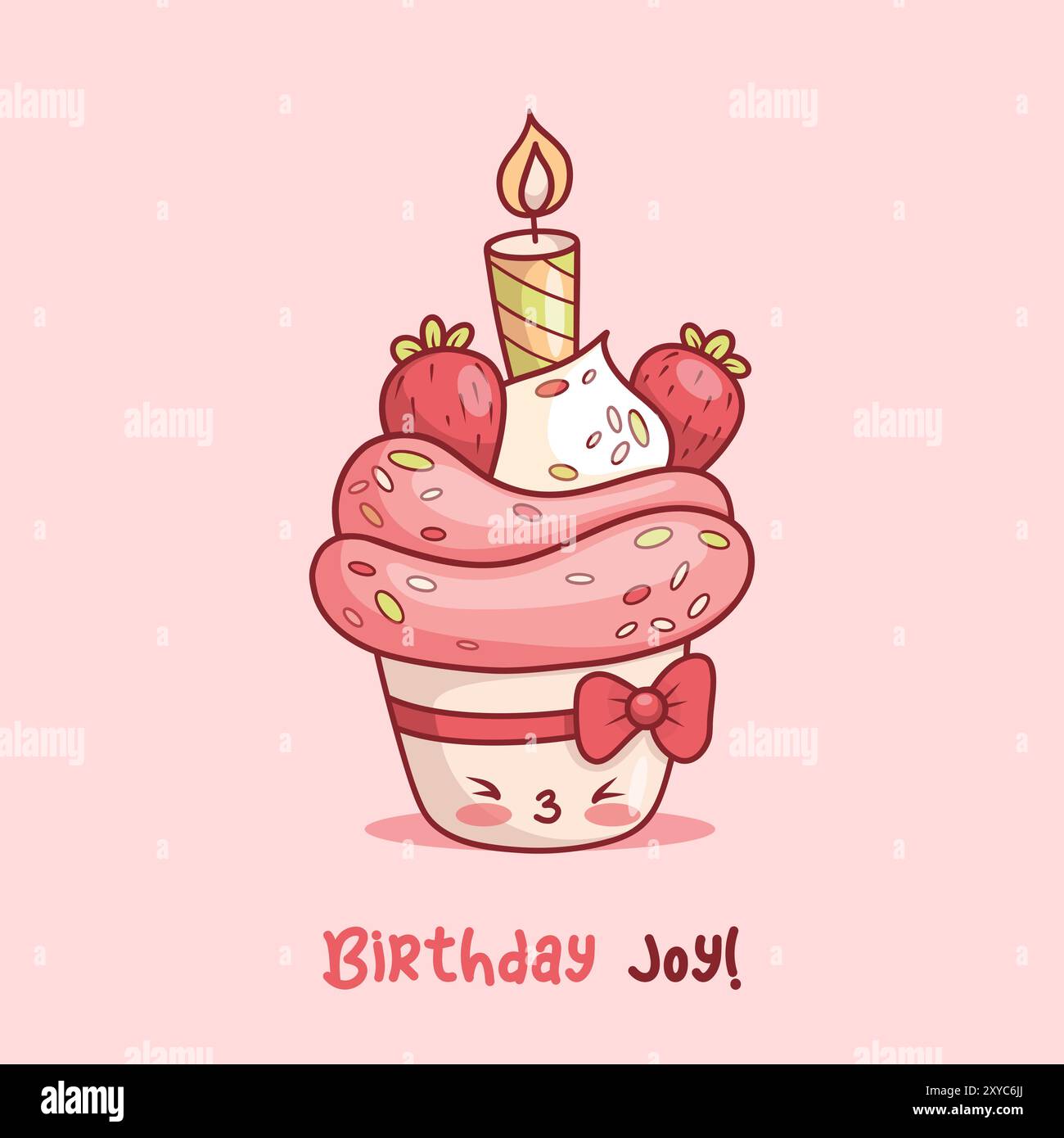 Gâteau d'anniversaire mignon. Cupcake à la crème drôle avec bougie et fraises. Carte avec personnage de dessin animé doux kawaii et félicitations. Illustration vectorielle Illustration de Vecteur