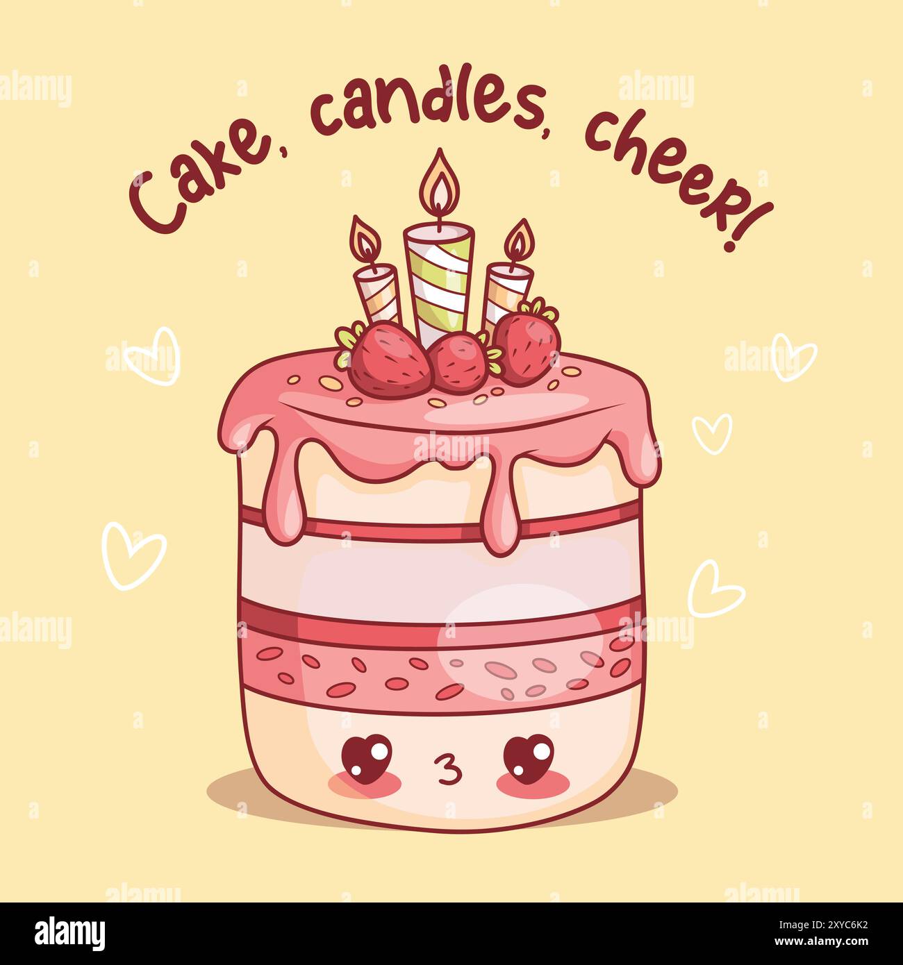 Gâteau d'anniversaire mignon. Personnage drôle de kawaii de dessin animé. Boulangerie crémeuse avec glaçage, fraises et bougies festives. Illustration vectorielle Illustration de Vecteur