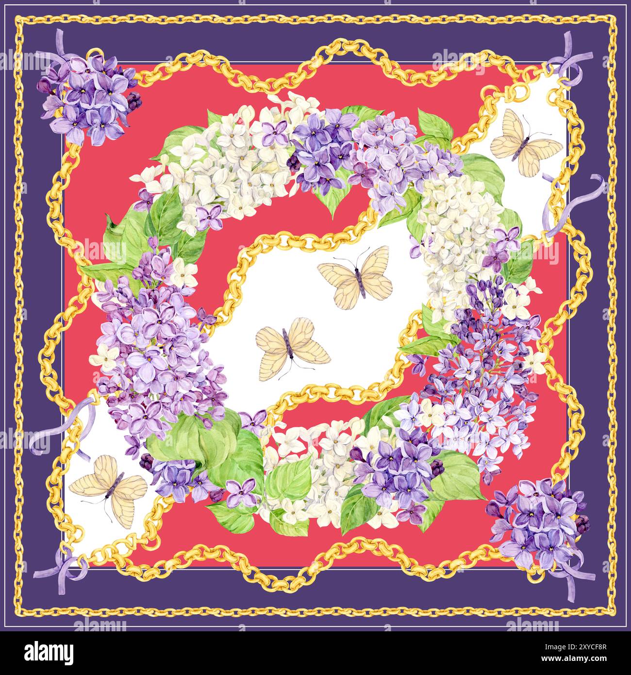 Motif aquarelle pour foulard en soie et imprimé textile. Conception de mouchoir ou bandana. Fleurs de printemps lilas, papillons et chaînes juvéniles dorées. B Banque D'Images