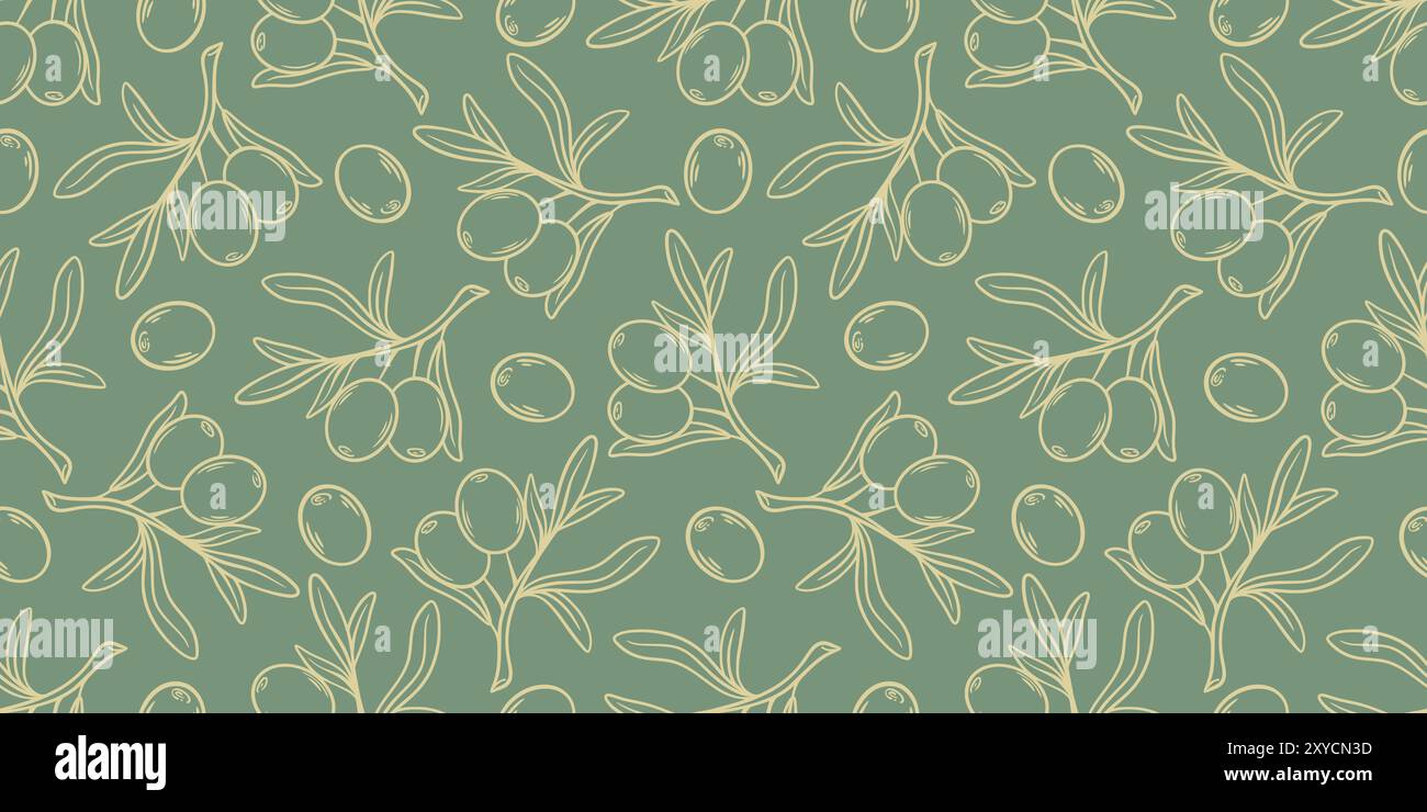 Récoltez des olives mûres gravées à la main sans couture. Esquissez un fond d'huile d'olive extra vierge. Impression d'olivier pour l'emballage, textile, conception de produit Illustration de Vecteur