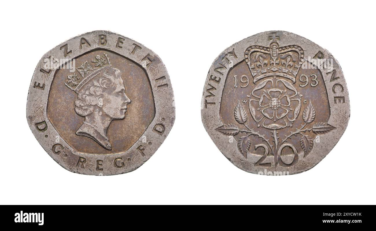 British Twenty Pence coin, avers montrant la reine Elizabeth la seconde. Isolé sur fond blanc Banque D'Images