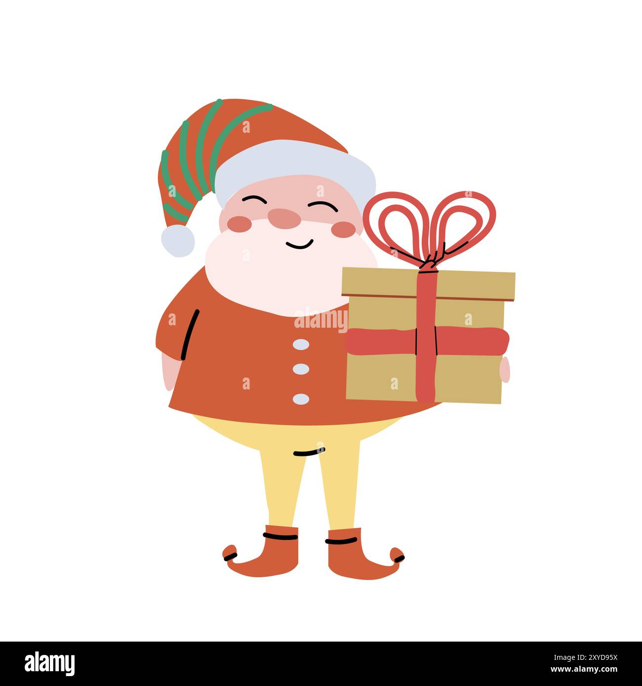 Personnage de gnome de Noël mignon pour enfants, personne souriante avec cadeau en papier artisanal. Conception de concept de Happy Holidays. Noël et nouvel an plat de dessin animé Celeb Illustration de Vecteur