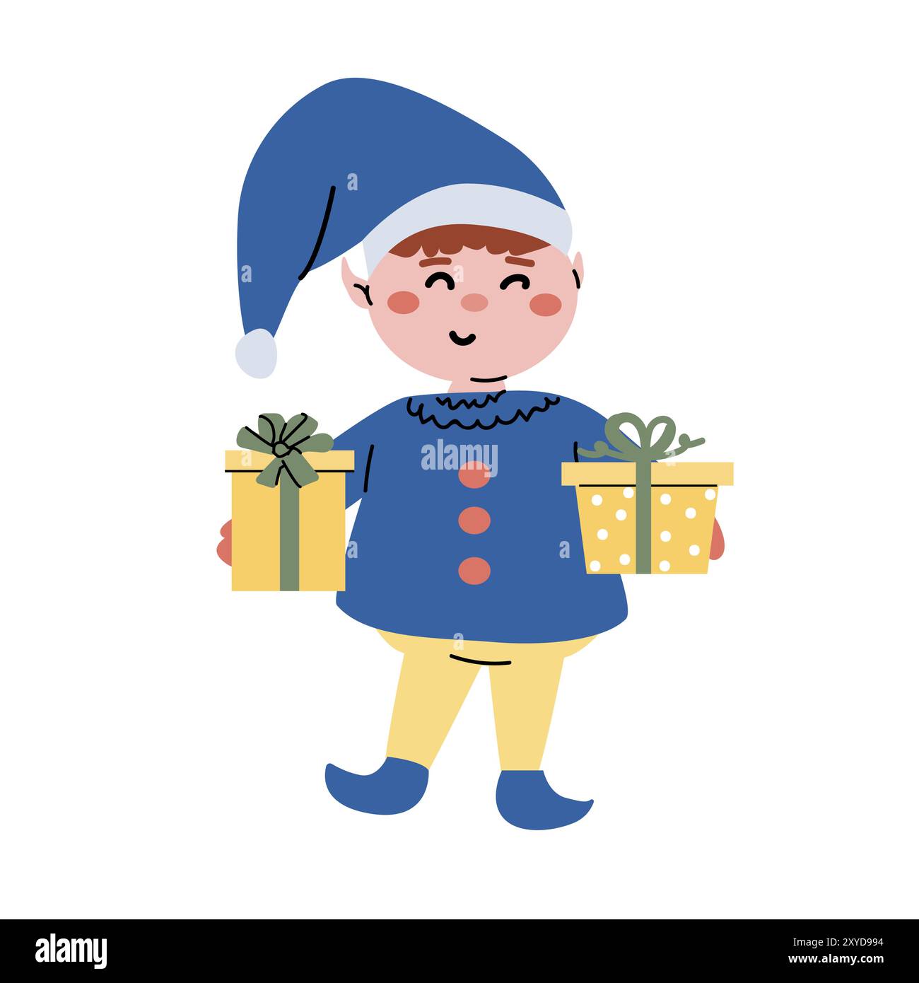 Enfant mignon personnage d'elfe de Noël, personne souriante avec cadeau. Conception de concept de Happy Holidays. Noël et nouvel an plat de dessin animé fête le char de fée Illustration de Vecteur