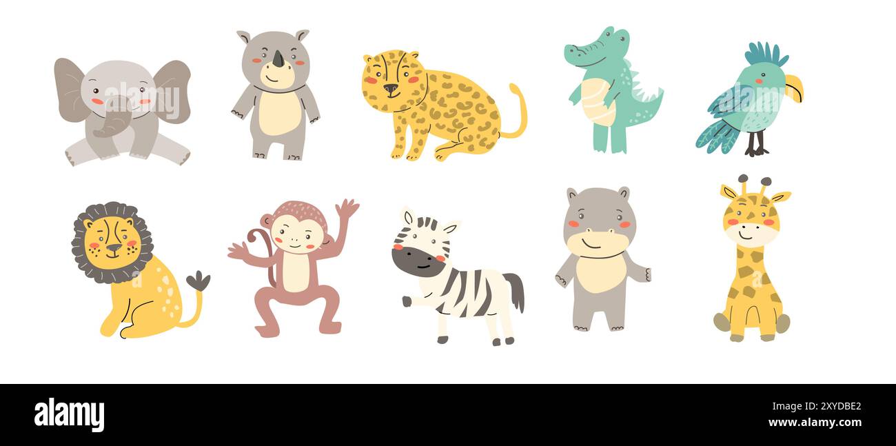 Ensemble safari pour bébés animaux mignons. Illustration vectorielle. Animaux africains pour enfants - lion, singe, crocodile, rhinocéros, éléphant, zèbre, léopard, girafe pour Illustration de Vecteur