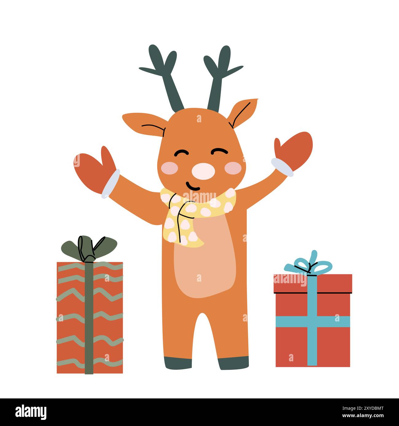 Personnage de cerf de Noël mignon pour enfants, personne souriante avec cadeau. Conception de concept de Happy Holidays. Noël et nouvel an plat de célébration de bande dessinée cha fée Illustration de Vecteur