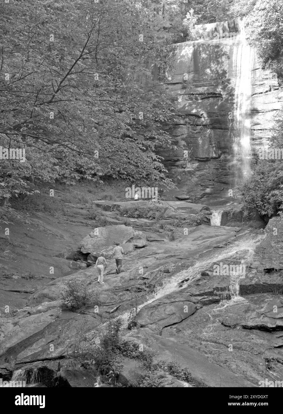 Une femme et un garçon caucasiens grimpant sur des rochers à une cascade pittoresque près de Brevard, Caroline du Nord, États-Unis. Banque D'Images