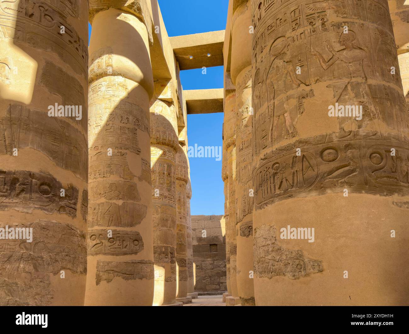 Plongez dans la grandeur de la salle des colonnes de Karnak, un espace sacré dédié au Dieu Amon, et émerveillez-vous devant les milliers de piliers imposants Banque D'Images