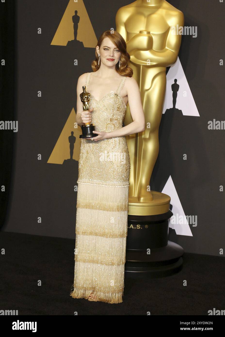 Emma Stone à la 89e cérémonie annuelle des Oscars, salle de presse, tenue au Hollywood and Highland Center à Hollywood, États-Unis, le 26 février 2017 Banque D'Images
