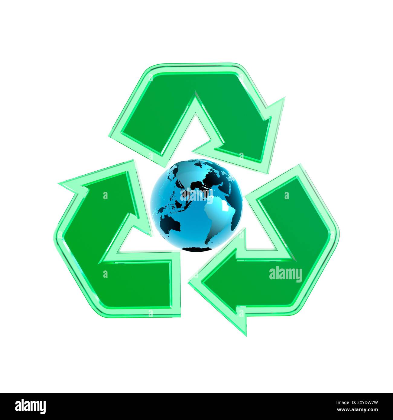 Symbole de recyclage translucide vert avec le globe terrestre au centre. Illustration 3D isolée sur fond blanc Banque D'Images