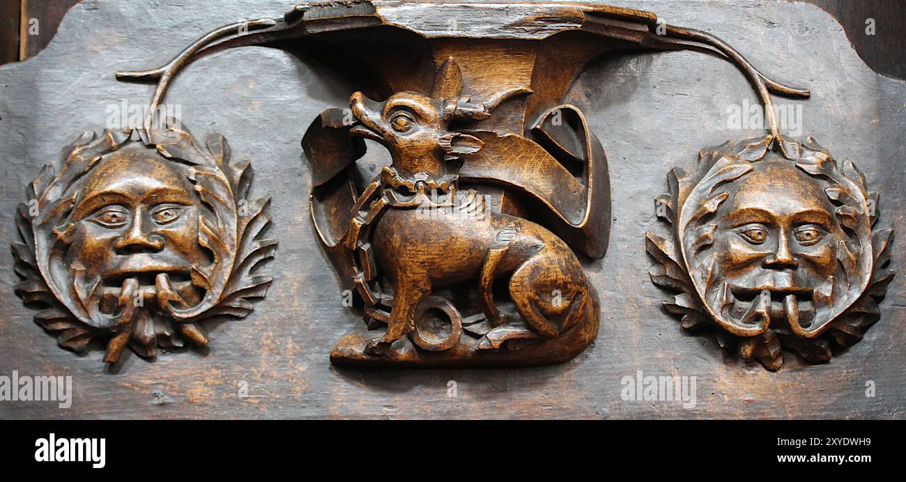 Miséricord dans l'église paroissiale de St Laurence, Ludlow, Shropshire, Angleterre, Royaume-Uni - L'homme vert Banque D'Images