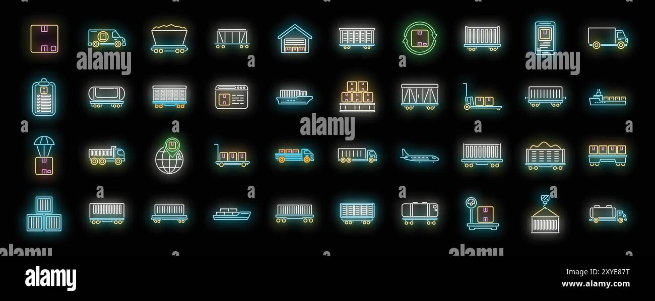 Ensemble d'icônes de néon lumineux représentant divers aspects de la logistique, y compris le transport de marchandises, les opérations d'entrepôt, les services de livraison, le transport de marchandises, et la gestion logistique Illustration de Vecteur