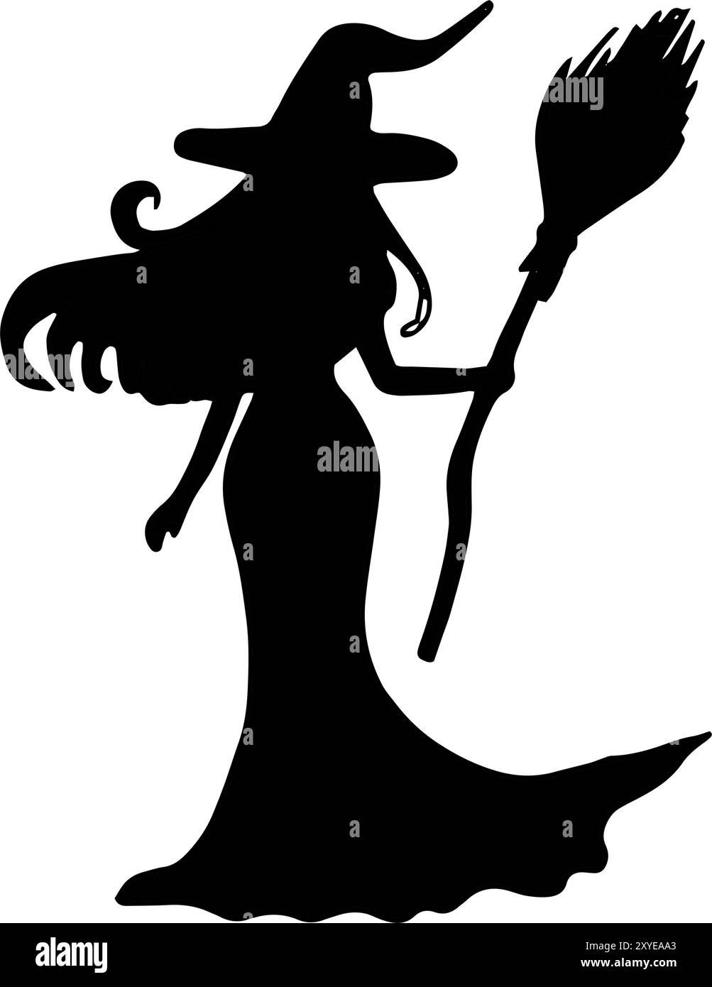 Silhouette de sorcière d'Halloween. Personnage avec chapeau et balai. Illustration graphique. Silhouette linéaire dessinée à la main. Clipart monochrome Creepy sorcier pour Illustration de Vecteur