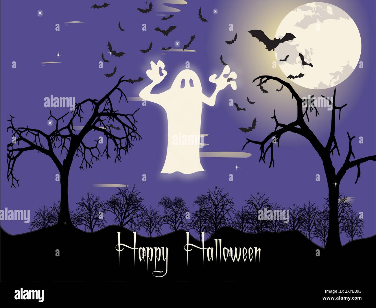 Une affiche sur le thème d'Halloween avec un fantôme et des chauves-souris volant dans le ciel. L'affiche est intitulée « Happy Halloween » en une seule couleur Illustration de Vecteur