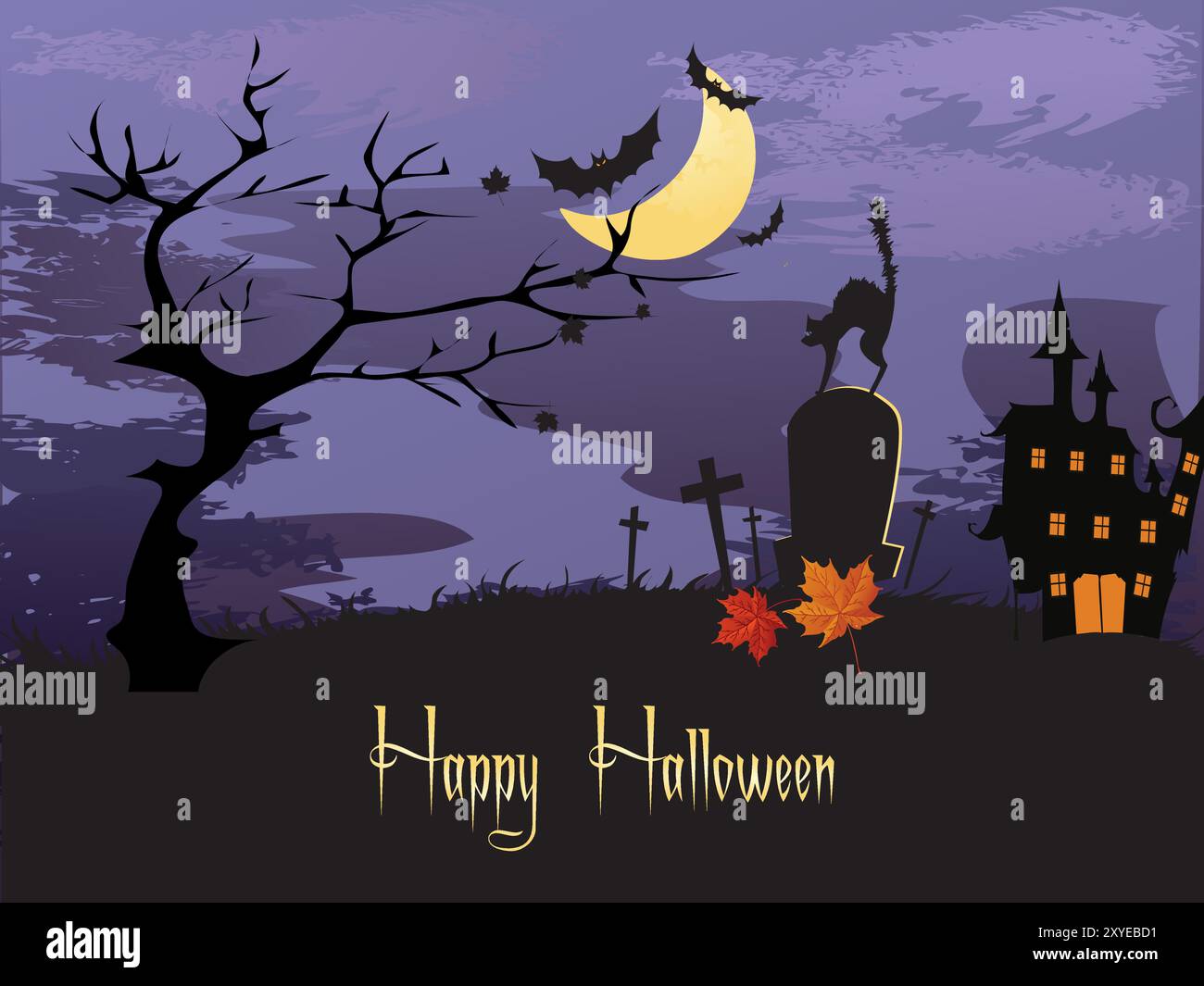 Une affiche sur le thème d'Halloween avec un cimetière et une maison en arrière-plan. L'affiche dit « Happy Halloween » et présente des chauves-souris volant dans le ciel Illustration de Vecteur