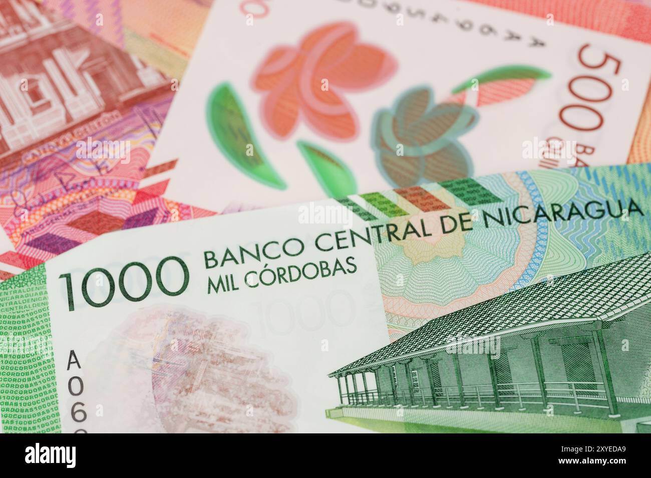 Nicaragua thème de l'économie. Vue rapprochée des factures papier de cordoue Banque D'Images