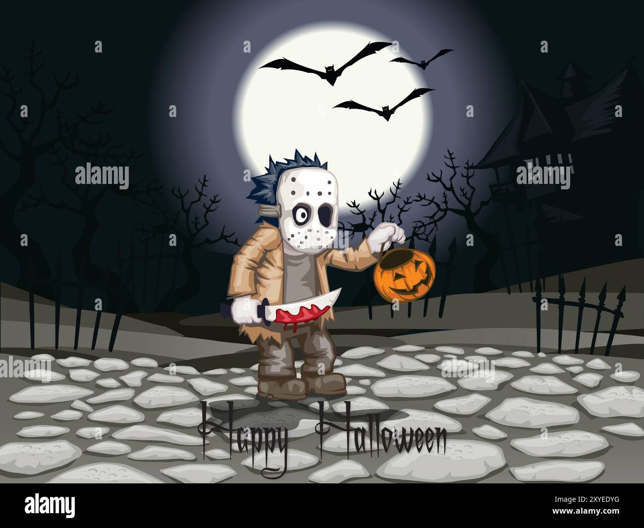 Un dessin sur le thème d'Halloween d'un homme tenant une citrouille et un couteau. L'homme porte un masque et a un regard menaçant sur son visage. L'arrière-plan featu Illustration de Vecteur