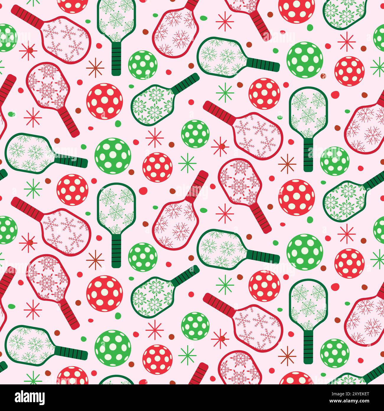 Pagaies de Pickleball de Noël décorées avec des flocons de neige rouges et verts sans couture sur fond blanc. Pour papier d'emballage de Noël, tissu et s. Illustration de Vecteur