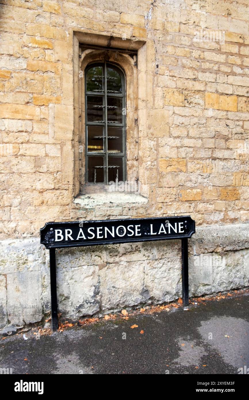 Brasenose Lane panneau de rue sur le mur de pierre sous le bâtiment de fenêtre historique vertical dans la ville d'Oxford Angleterre Royaume-Uni KATHY DEWITT Banque D'Images